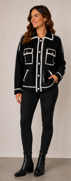 CoCo Contrast Knit Faux Cardigan- Black/Ivory 33027 - 