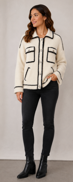 CoCo Contrast Knit  faux cardigan - Ivory/Black - 33027 - 