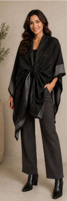 Spliced Poncho Knit - Black/Char - 33096 - Tops