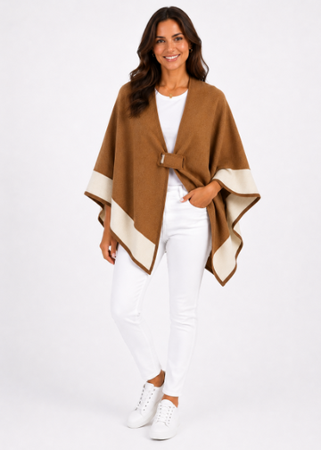 Spliced Poncho Knit - Camel/Ivory - 33096 - Tops
