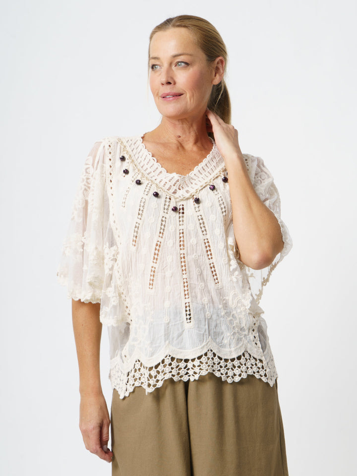 Bauble Embroidered Top - Ivory - 33266