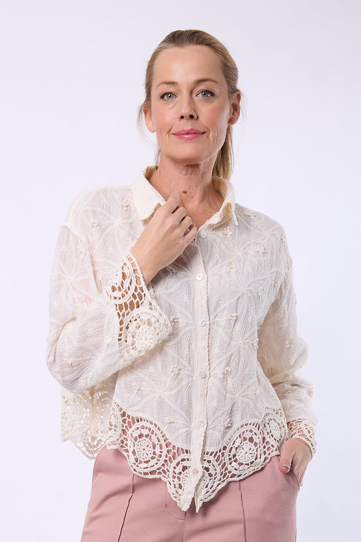 Crochet Trim Gorgeous Shirt- Ivory- 33304