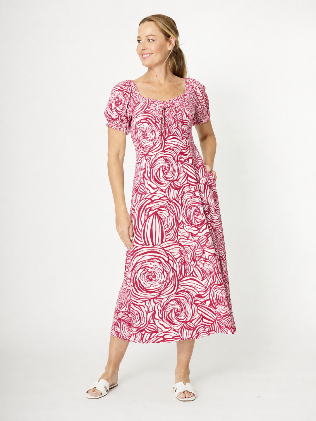 Puff Sleeve Rayon Dress- Raspberry - 31976