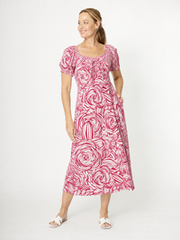 Puff Sleeve Rayon Dress- Raspberry - 31976