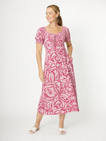 Puff Sleeve Rayon Dress- Raspberry - 31976 - 