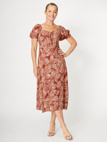 Puff Sleeve Rayon Dress- Rust - 31976 - 
