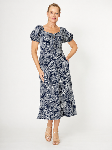 Puff Sleeve Rayon Dress- Navy - 31976 - 