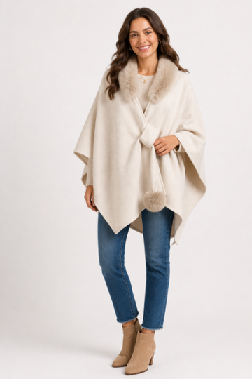 Fur Trim Wrap -Ivory -33102  will be back in stock in June - Cordelia St