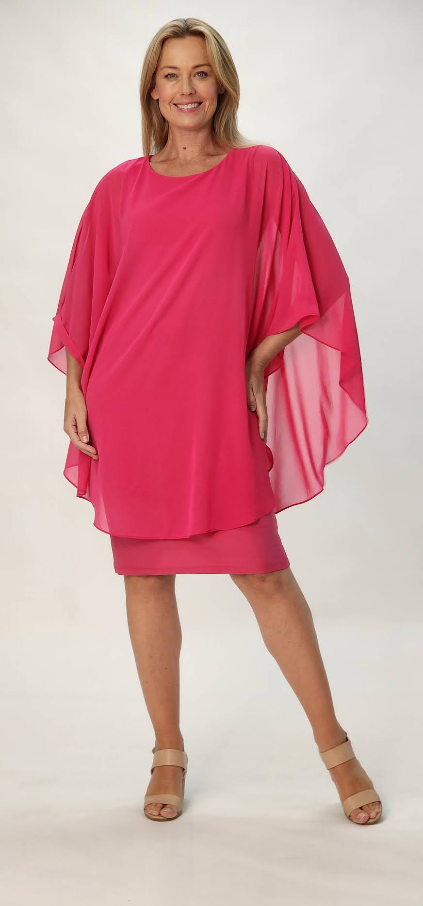 Chiffon Overlay Dress - Fushia - 31704