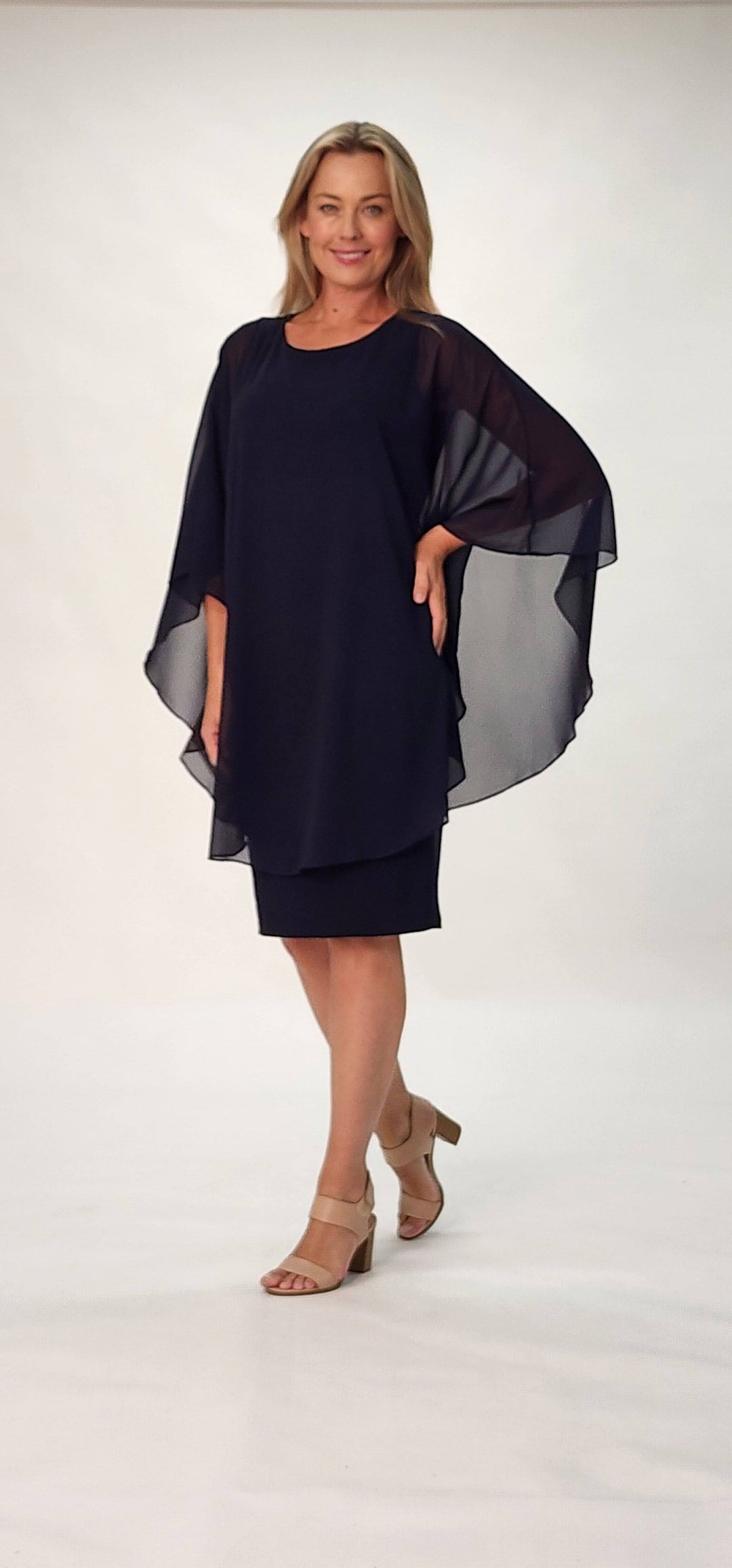 Chiffon Overlay Dress - Navy - 31704