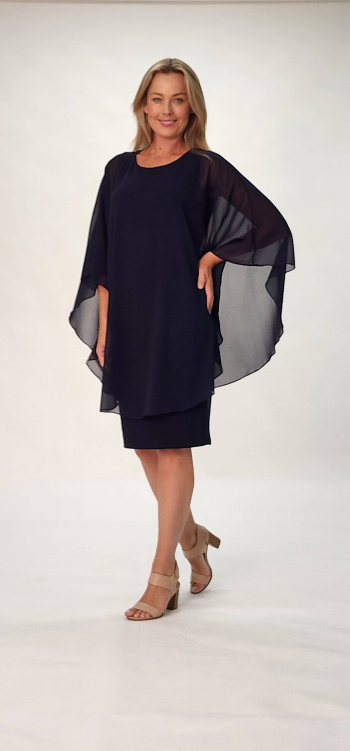 Chiffon Overlay Dress - Navy - 31704
